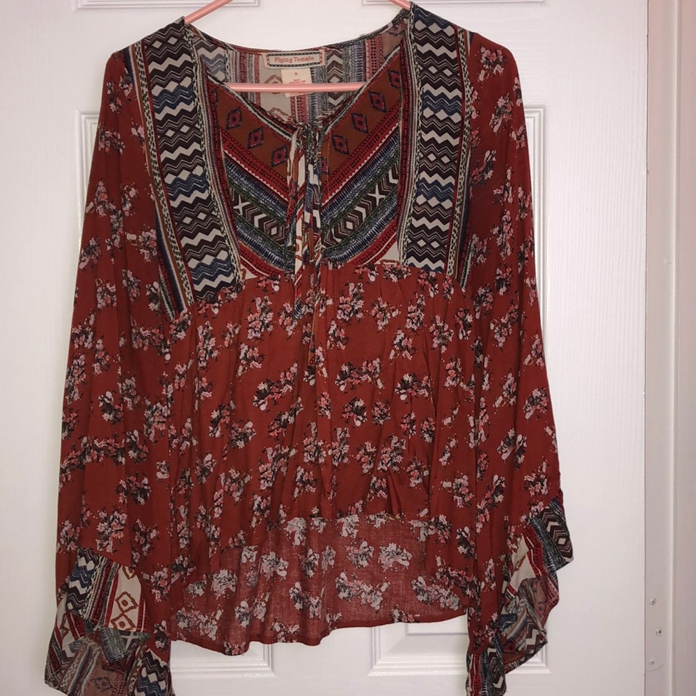 Dark orange and printed top with wide sleeves